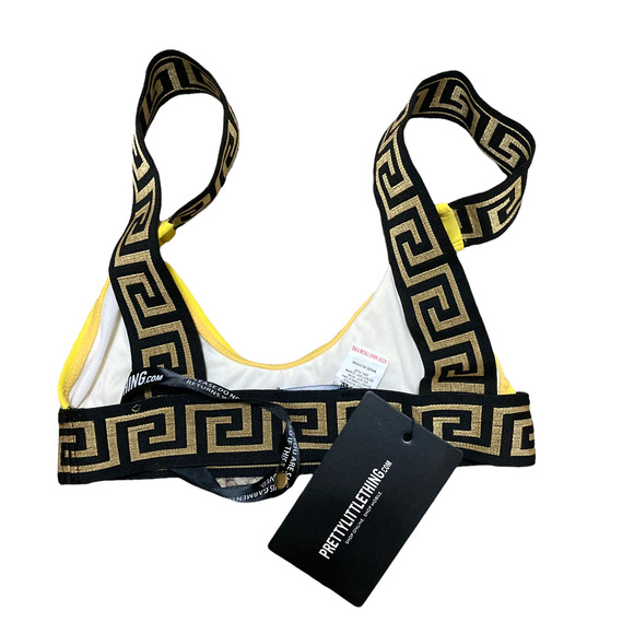 PrettyLittleThing Yellow Greek Key Low Scoop Bikini Top Cheeky Bottoms Size US 0 - Picture 12 of 15